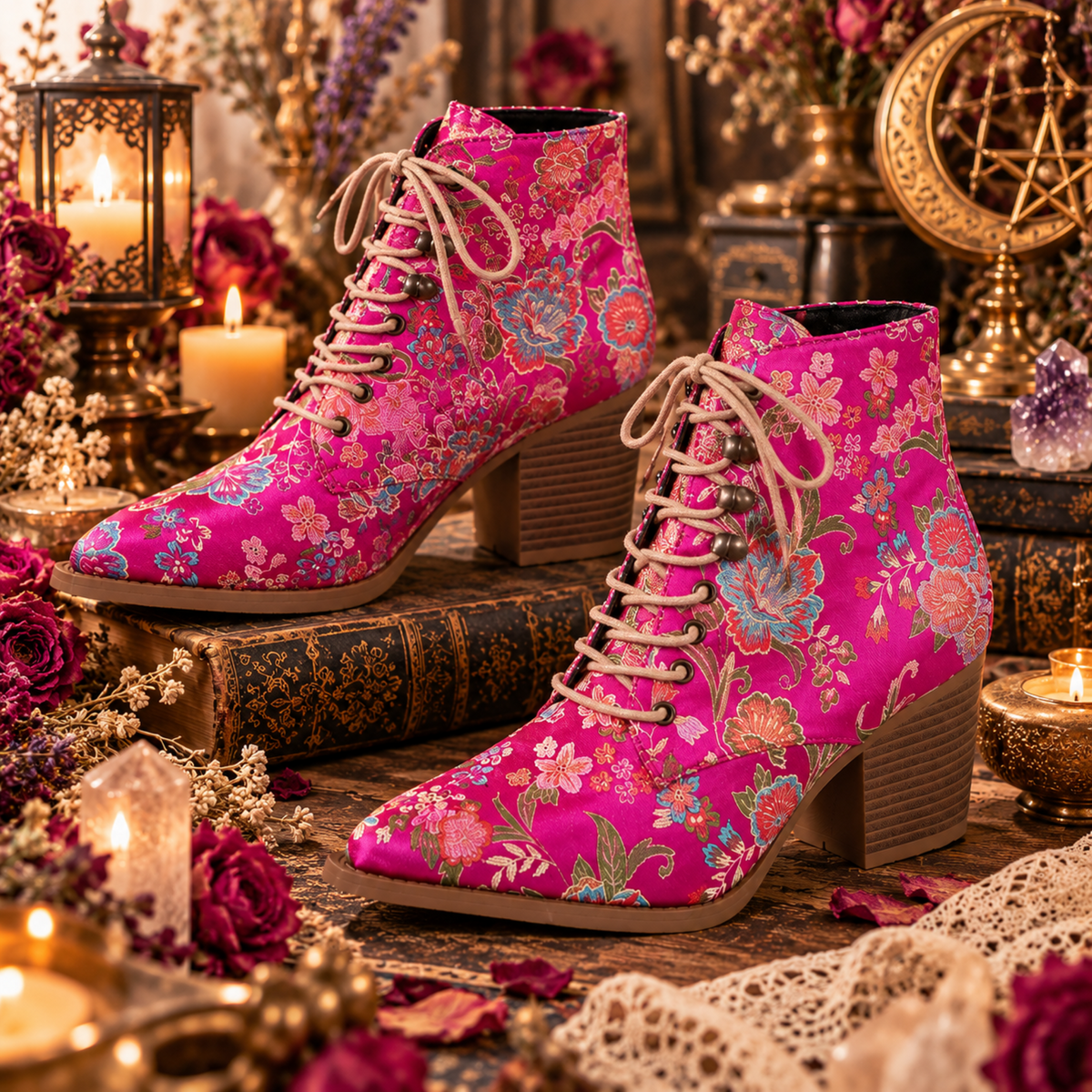 Ethnic Embroidered Pointed-Toe Ankle Boots