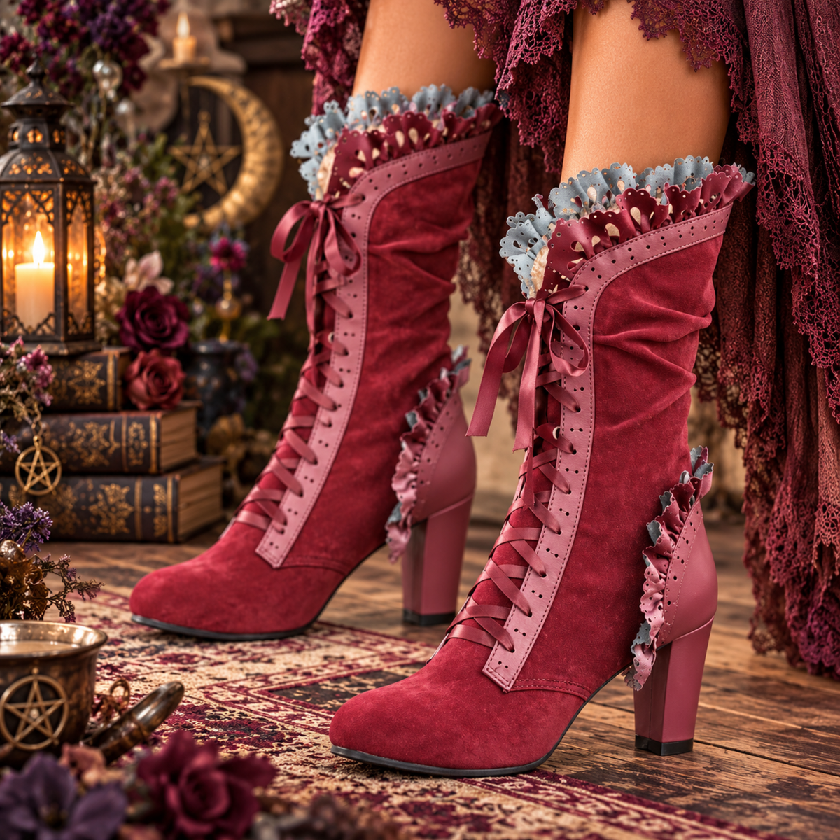 Women’s Victorian Lace-Up Mid-Calf Boots – Retro High Heel Gothic Booties