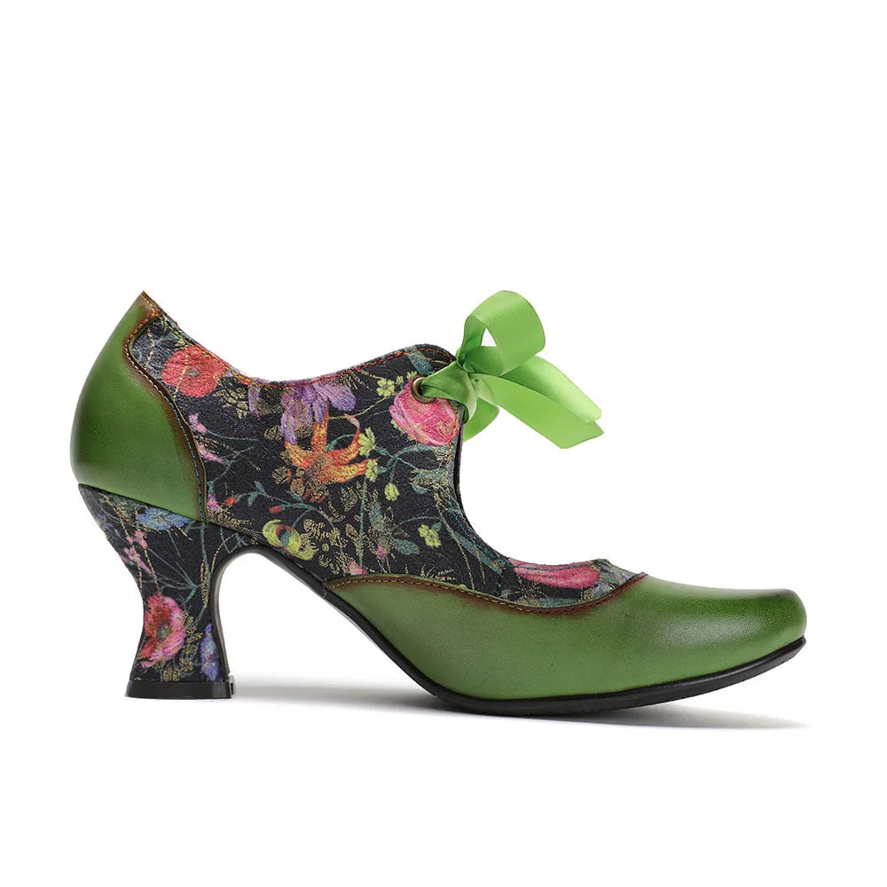 New Ethnic Green Printed High Heels, Genuine Leather Pointed Toe Lace Tie Women's Pumps