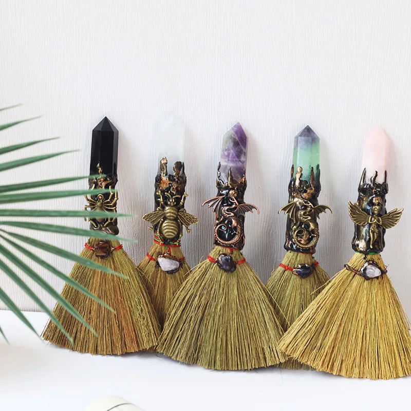 Wiccan Mini Witch Broom with Natural Crystal Point