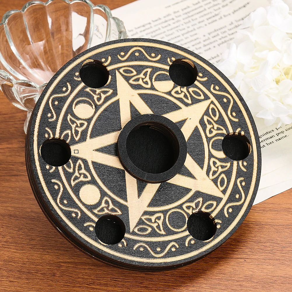Wooden Pentacle Crystal Ball & Candle Display Stand – 7-Star Witchcraft Divination Altar Base