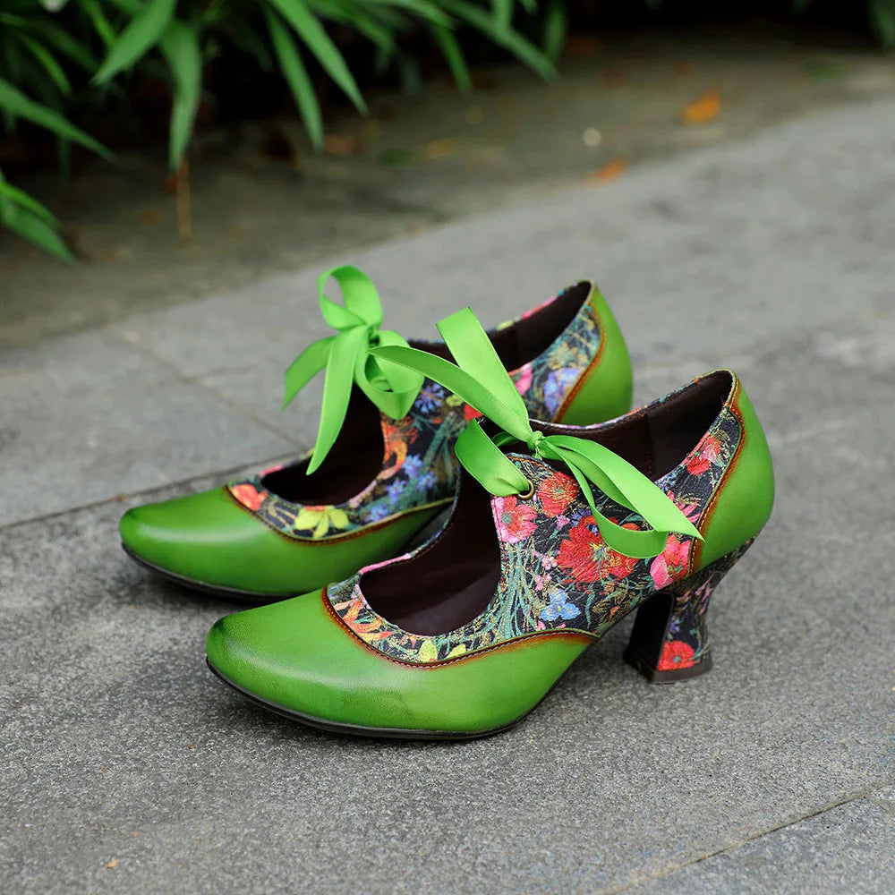 New Ethnic Green Printed High Heels, Genuine Leather Pointed Toe Lace Tie Women's Pumps
