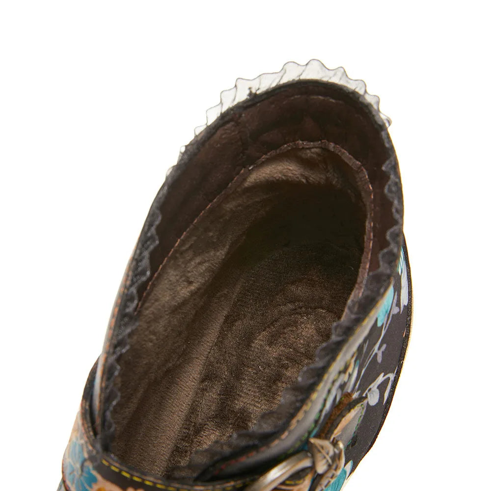 Johnature Genuine Leather Turquoise Floral Ankle Boots, High Heel Retro Print