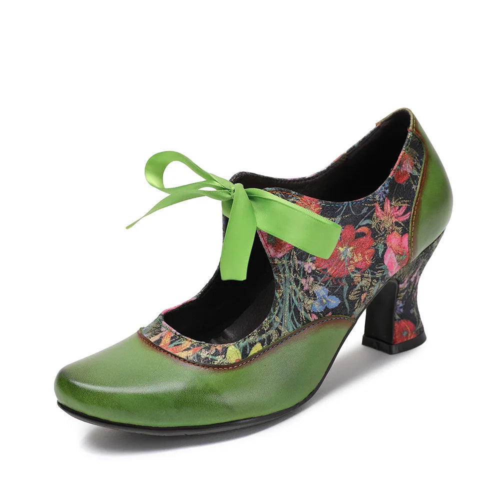 New Ethnic Green Printed High Heels, Genuine Leather Pointed Toe Lace Tie Women's Pumps