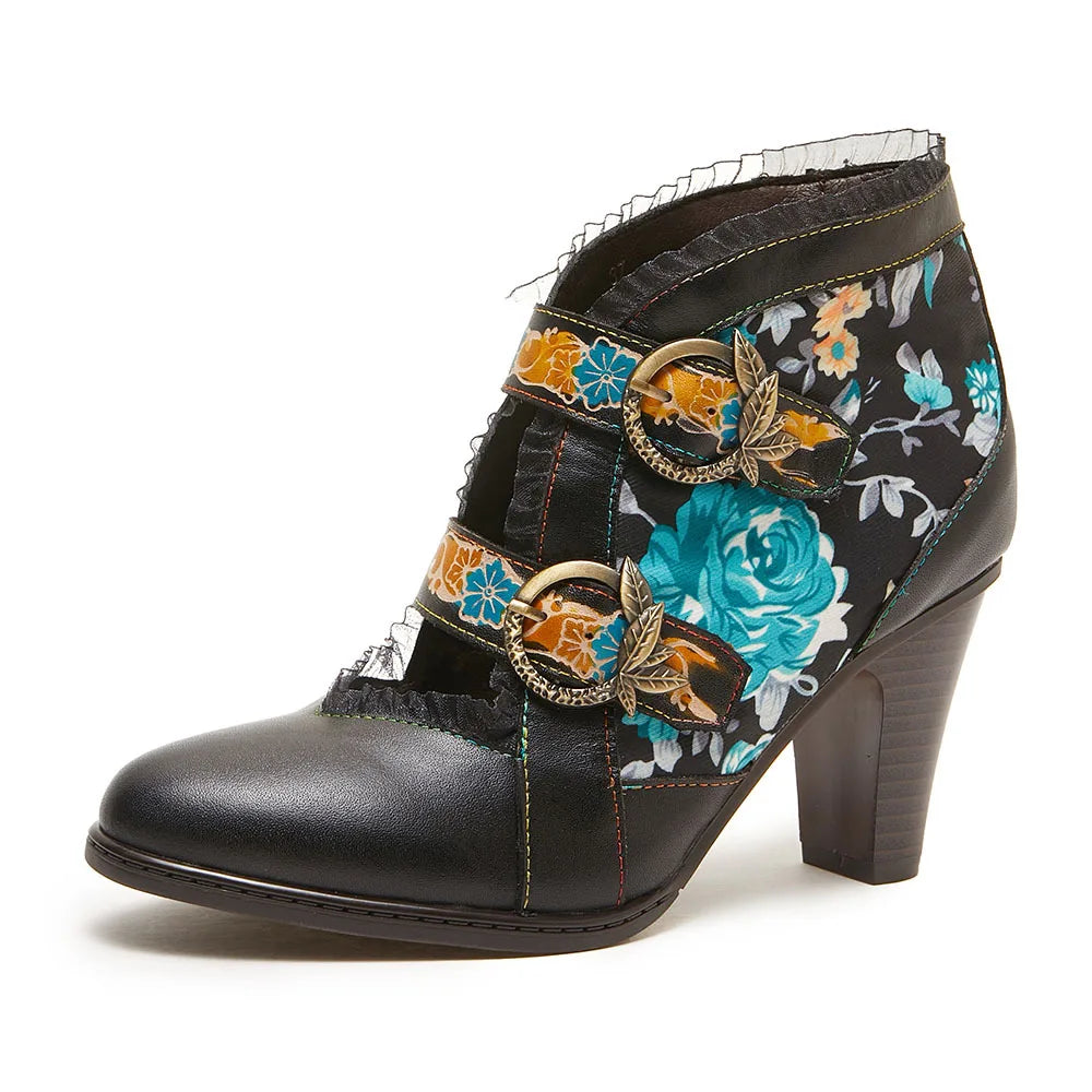 Johnature Genuine Leather Turquoise Floral Ankle Boots, High Heel Retro Print