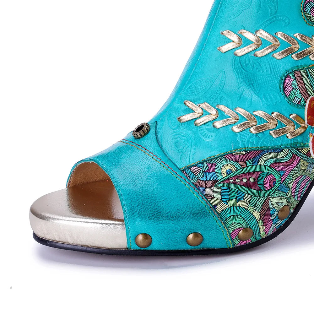Johnature Handmade Embroidered Flower High-heeled Sandals