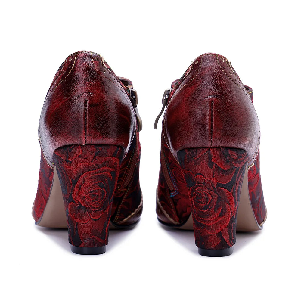 Johnature Witchy Women's Red Pumps, Handmade Genuine Leather Patchwork High Heels
