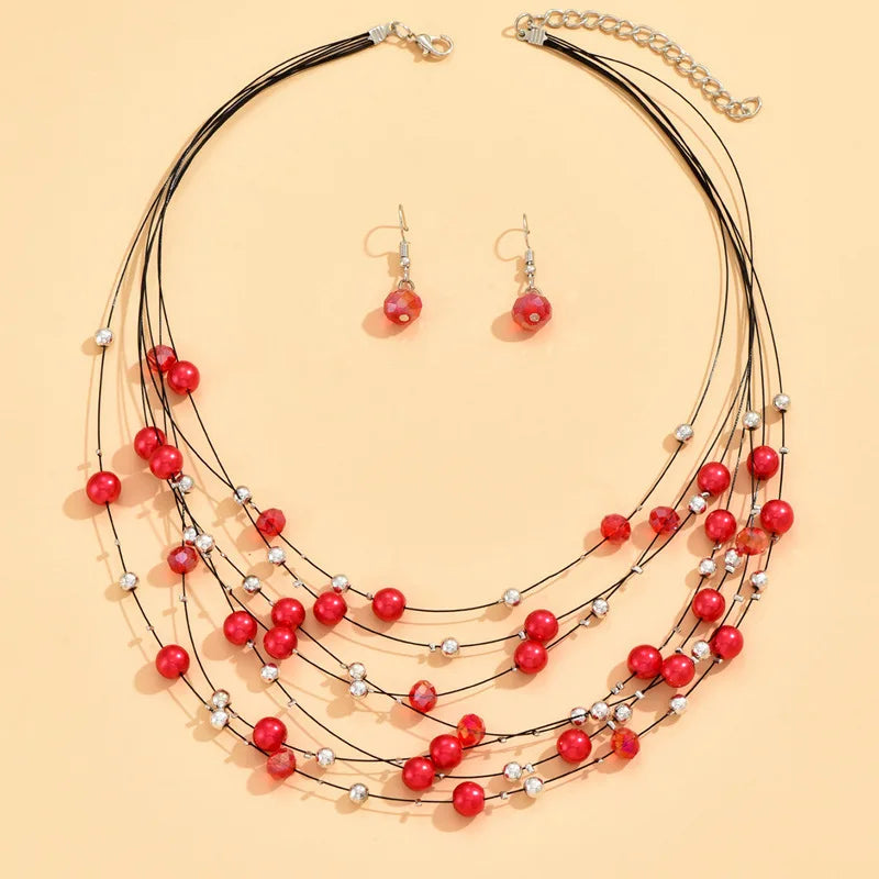 Ethnic Boho Multilayer Colorful Pearl Beads Necklace & Earrings Set