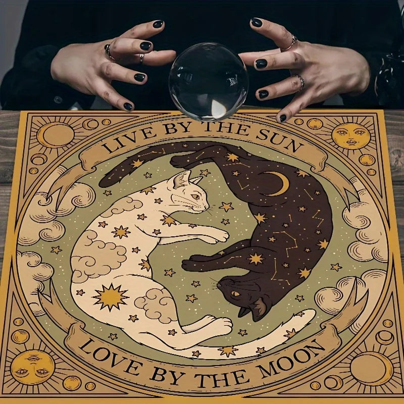 VIKAMA Mysterious Sun and Moon Cat Altar Tablecloth Starry Sky and Celestial Elements Tarot Cards Divination Room Decoration