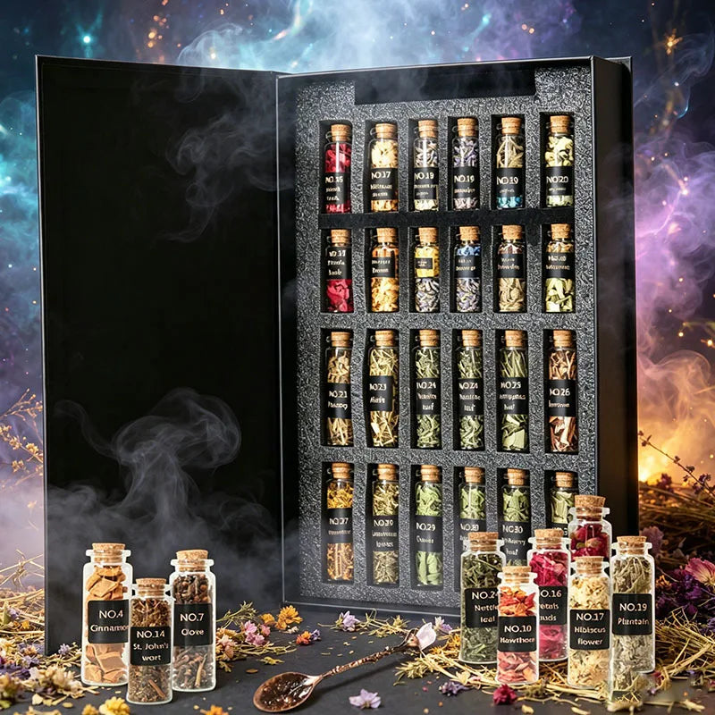 Witchcraft Herb Kit – 31 Dried Herbs in Glass Bottles with Black & Gold Altar Box