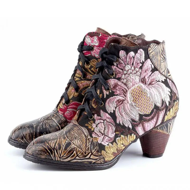 Johnature Genuine Leather Embroidery Cloth Boots, Hand-Embossed Round Toe Floral
