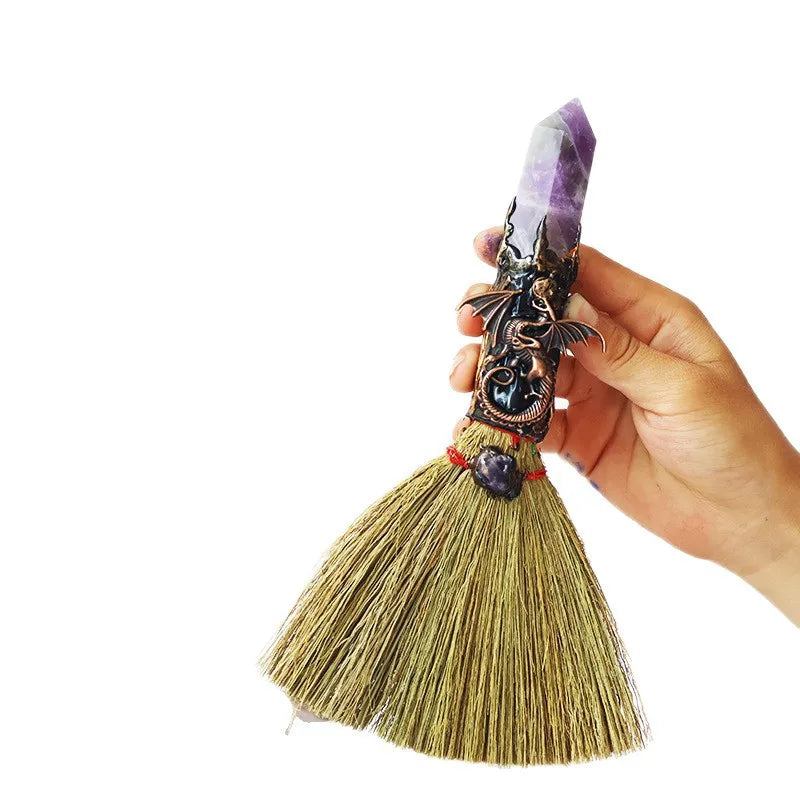 Wiccan Mini Witch Broom with Natural Crystal Point