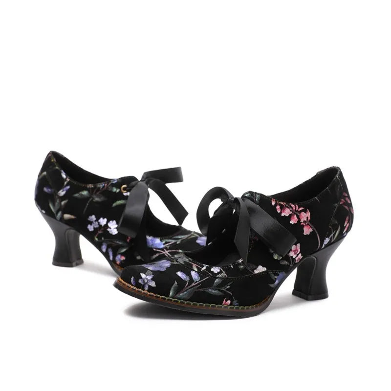 Johnature Women Shoes Pumps Retro 2025 New Spring Round Toe Handmade Ladies Lace Up Sweet Print High Heels Shoes