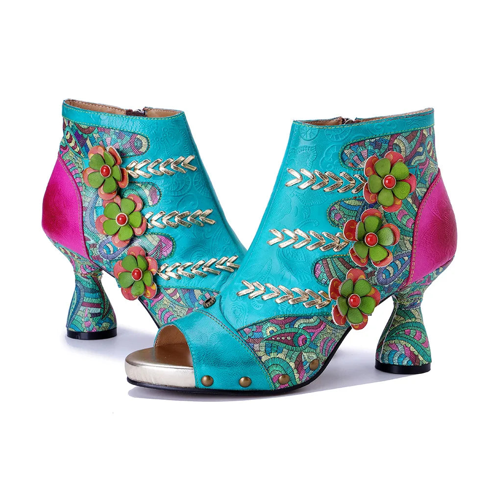 Johnature Handmade Embroidered Flower High-heeled Sandals