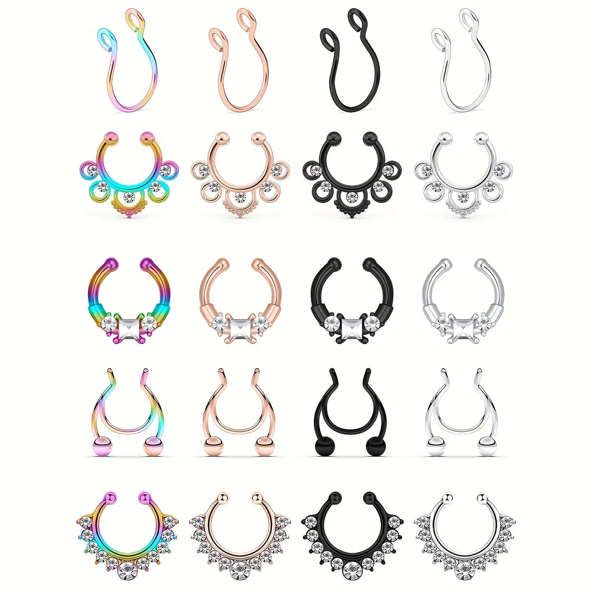 5Pcs Stainless Steel Fake Septum Rings, Faux Nose Ring Hoop