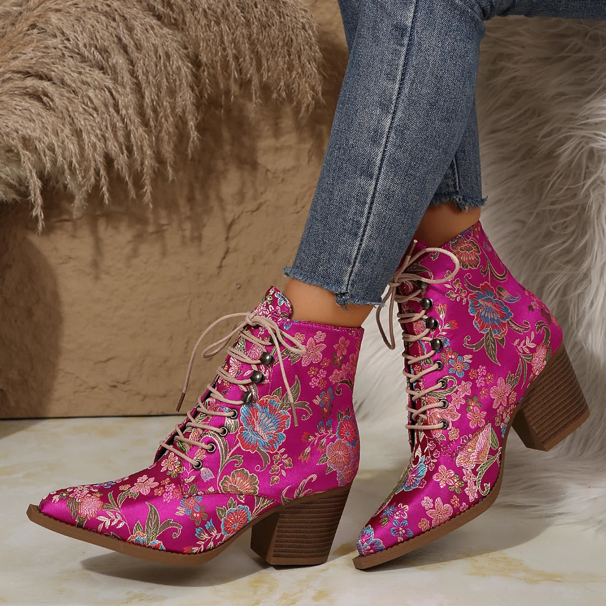 Ethnic Embroidered Pointed-Toe Ankle Boots