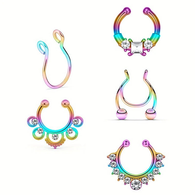 5Pcs Stainless Steel Fake Septum Rings, Faux Nose Ring Hoop