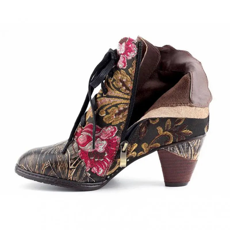 Johnature Genuine Leather Embroidery Cloth Boots, Hand-Embossed Round Toe Floral