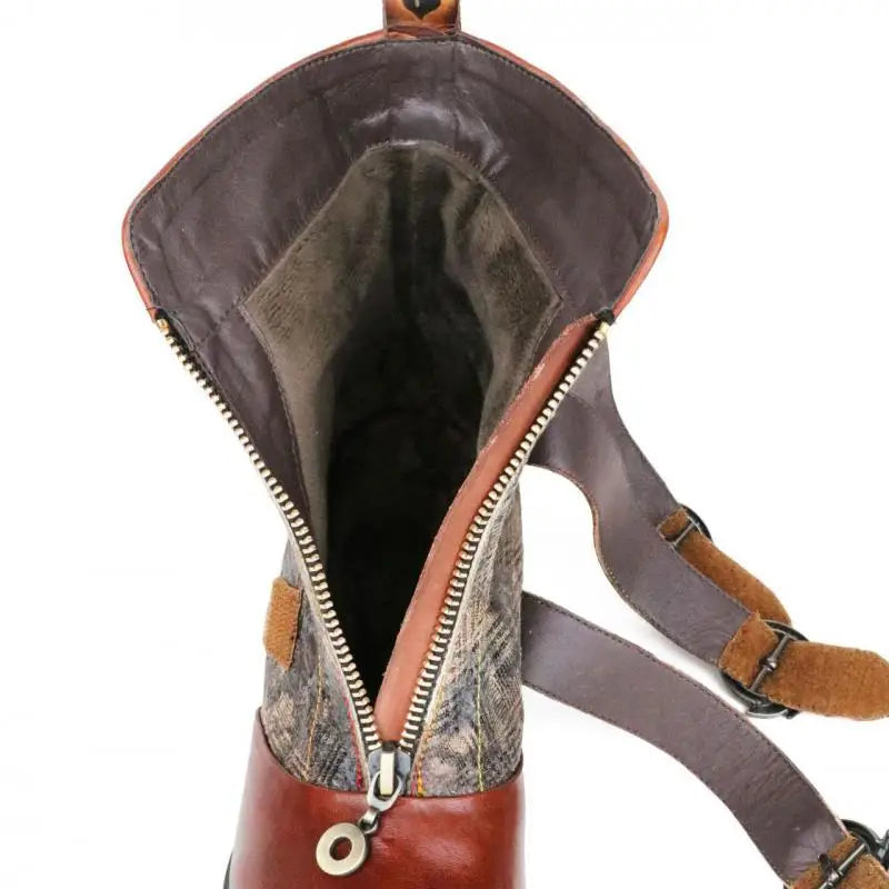 Johnature Embossed Strap Ankle Boots, Genuine Leather Patchwork Front Zip Pointed Toe