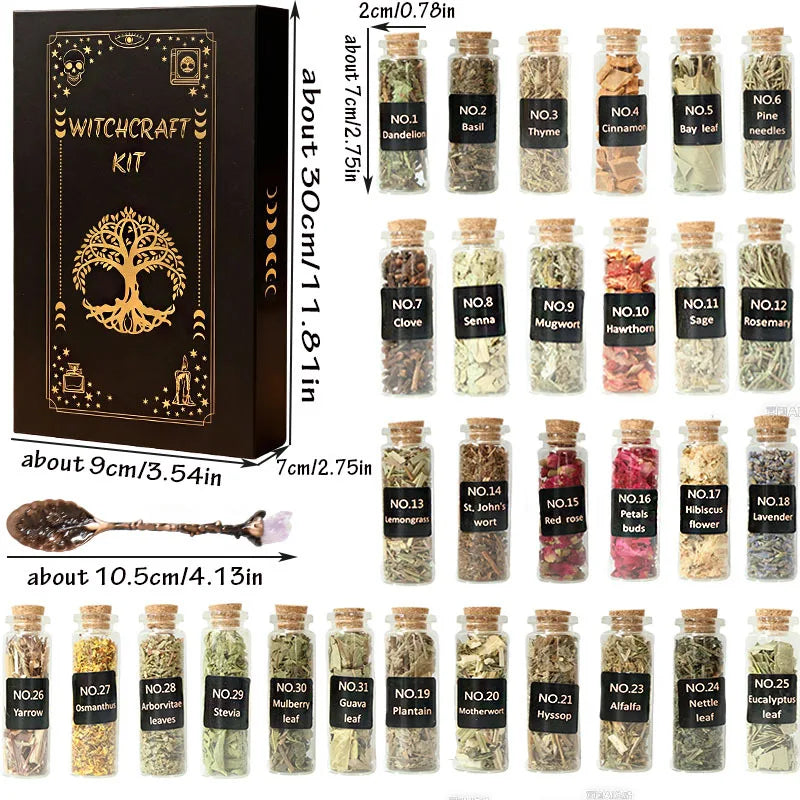 Witchcraft Herb Kit – 31 Dried Herbs in Glass Bottles with Black & Gold Altar Box