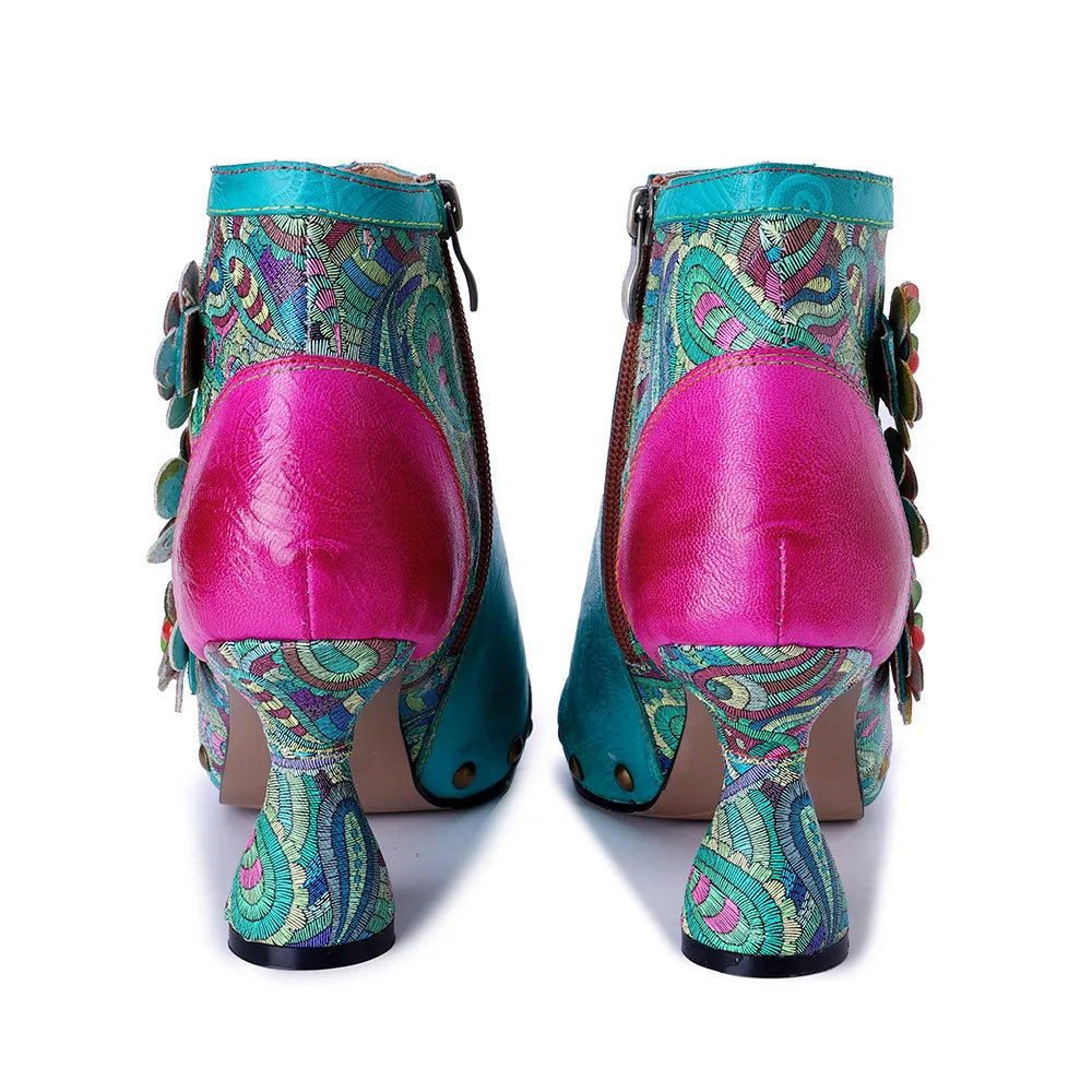 Johnature Handmade Embroidered Flower High-heeled Sandals