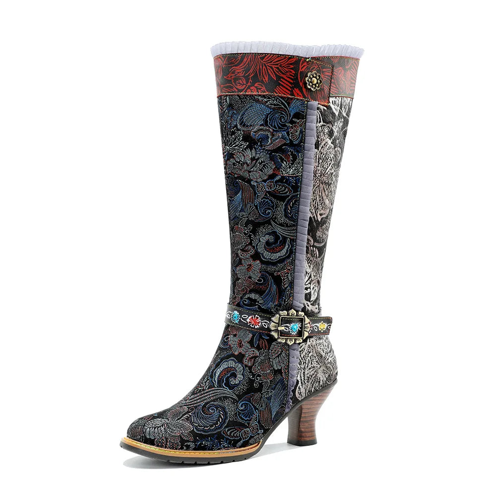 Johnature 2025 Winter New Hand Painted Genuine Leather Patchwork Vintage Court Style Lace Trimmed High Heeled Long Boots