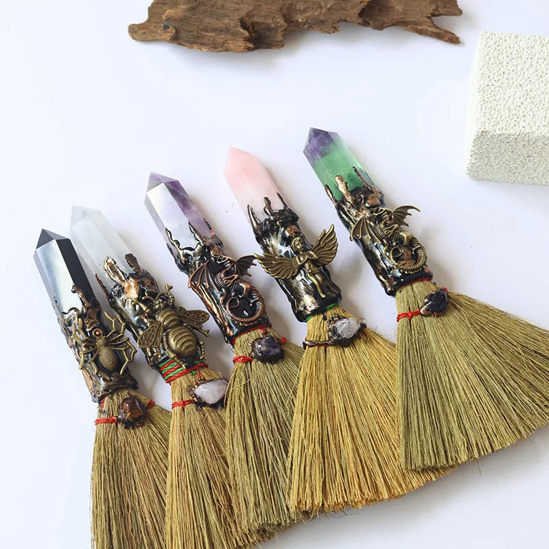 Wiccan Mini Witch Broom with Natural Crystal Point