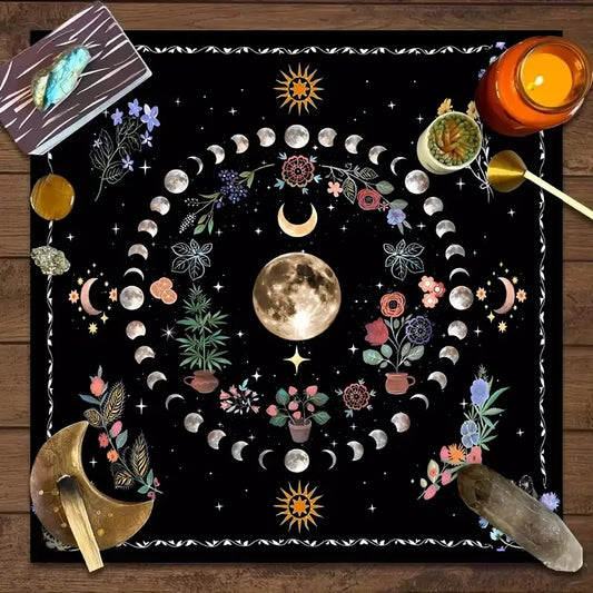 VIKAMA Moon Floral Tarot Tablecloth Altar Card Mat Witchcraft Astrology Supplies Decorative Card Mat Tarot Prophecy Tablecloth