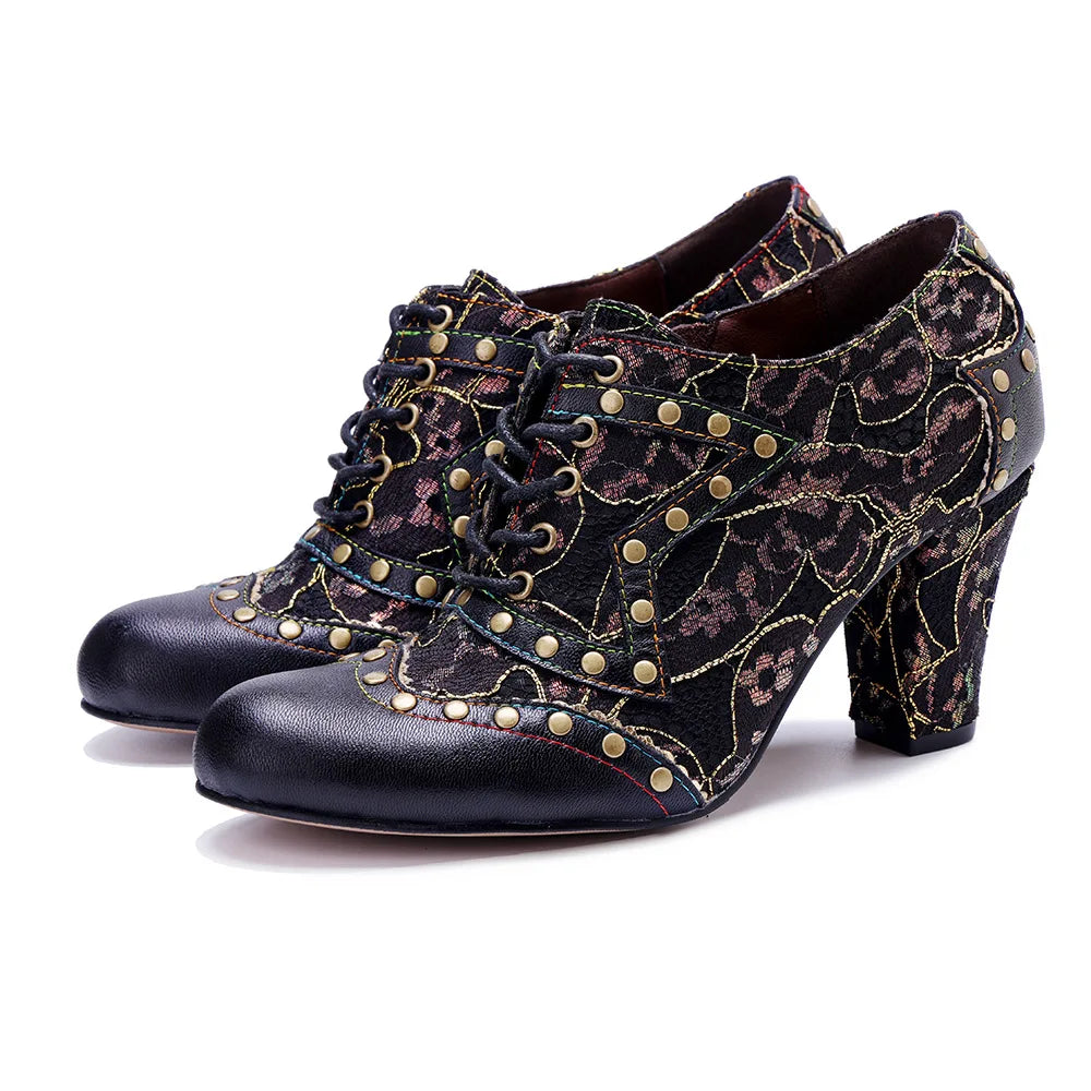 Johnature Retro Rivet Genuine Leather High-Heel Pumps
