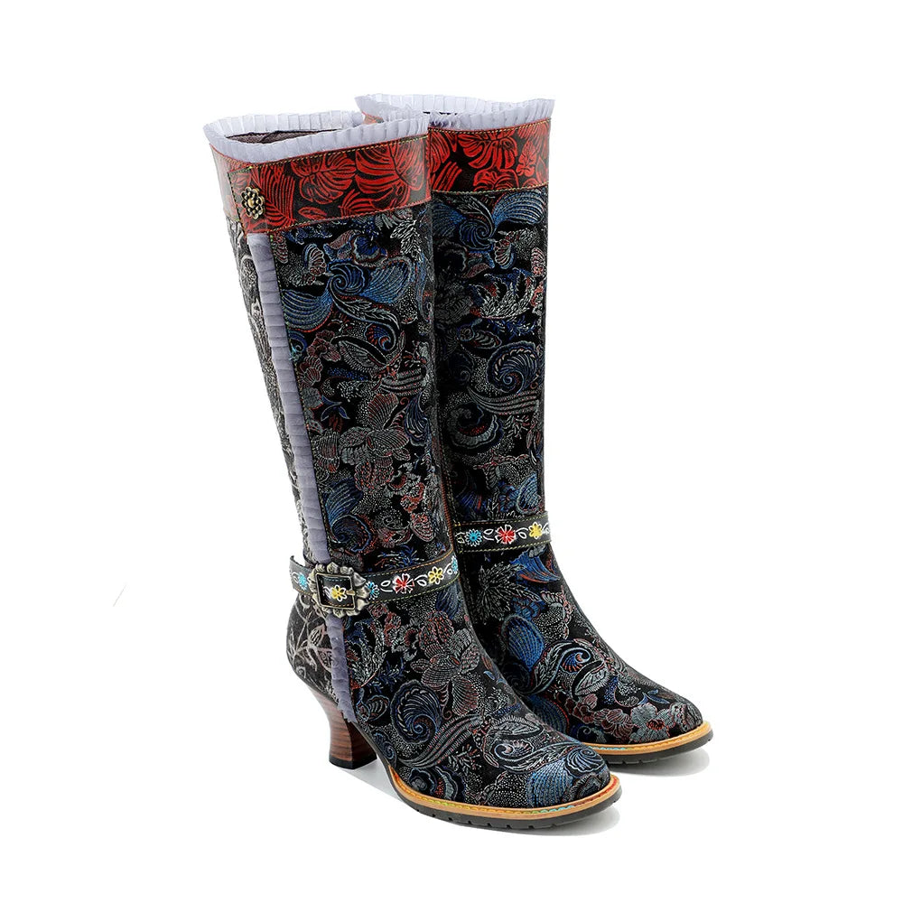 Johnature 2025 Winter New Hand Painted Genuine Leather Patchwork Vintage Court Style Lace Trimmed High Heeled Long Boots