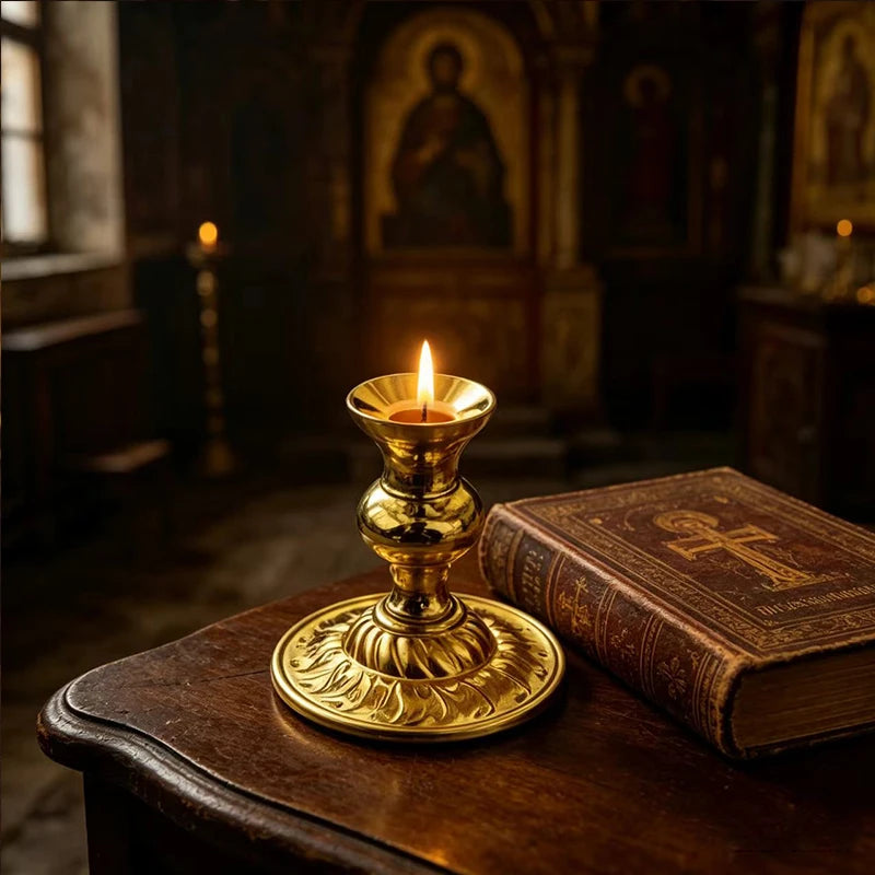 Gold Plated Orthodox Small Candle Holder for Church Liturgy Home Altar Prayer Devotion Christian Religious Gift Decor Accessory