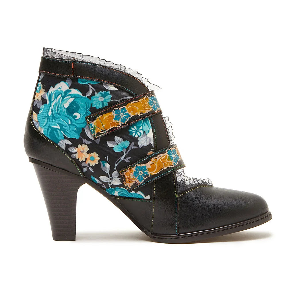 Johnature Genuine Leather Turquoise Floral Ankle Boots, High Heel Retro Print
