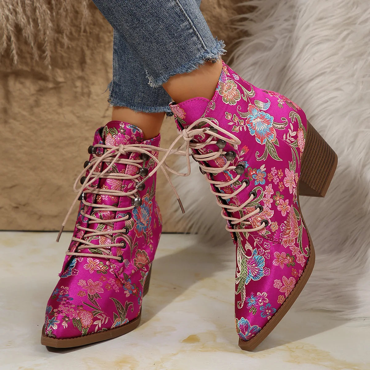 Ethnic Embroidered Pointed-Toe Ankle Boots