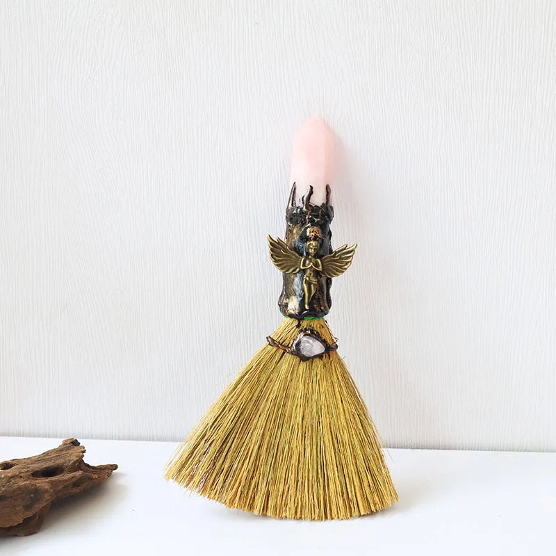 Wiccan Mini Witch Broom with Natural Crystal Point