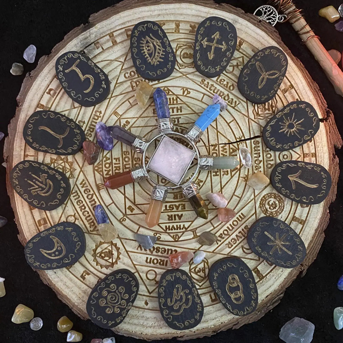 Witch Rune Stone Set with Storage Bag Rune Symbol Gift Home Decoration Party Favor Guide Book for Beginners Witchcraft Pagan