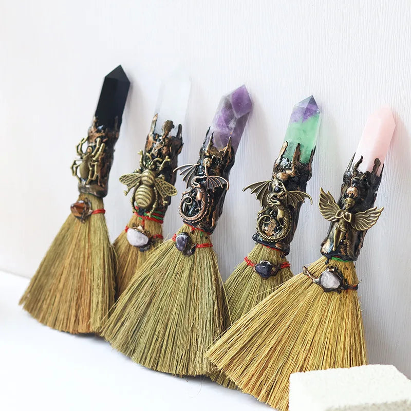 Wiccan Mini Witch Broom with Natural Crystal Point