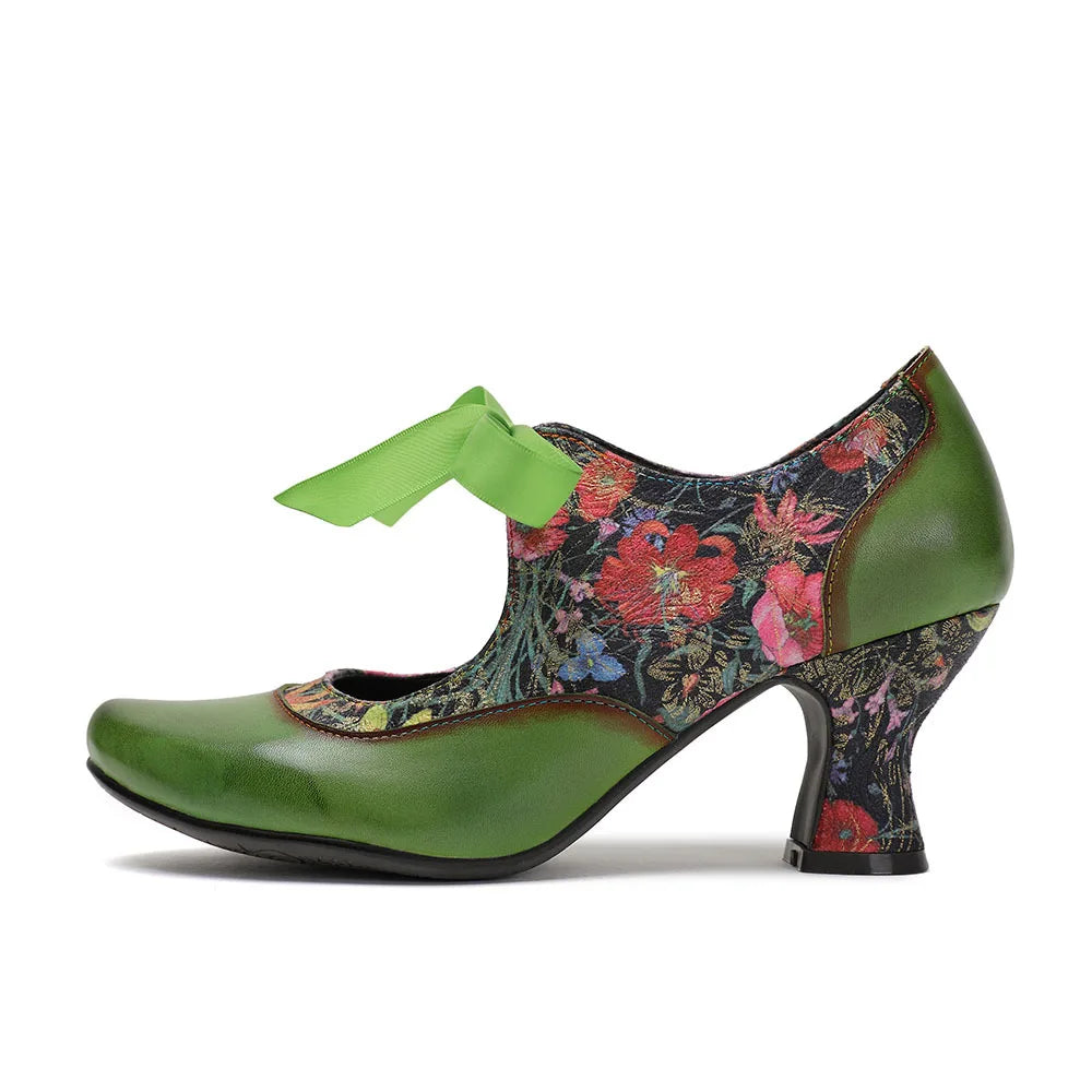 New Ethnic Green Printed High Heels, Genuine Leather Pointed Toe Lace Tie Women's Pumps