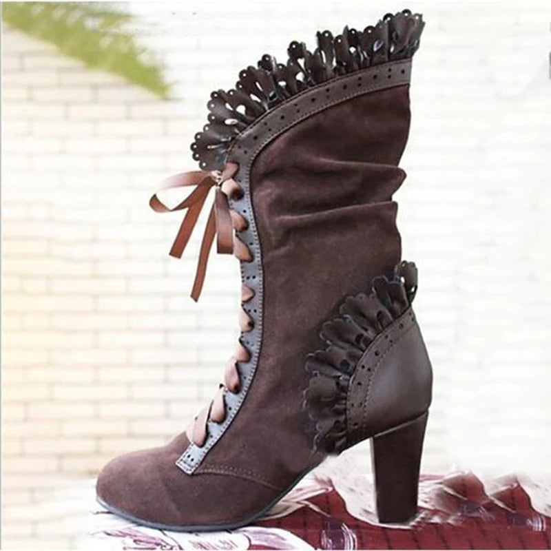 Women’s Victorian Lace-Up Mid-Calf Boots – Retro High Heel Gothic Booties