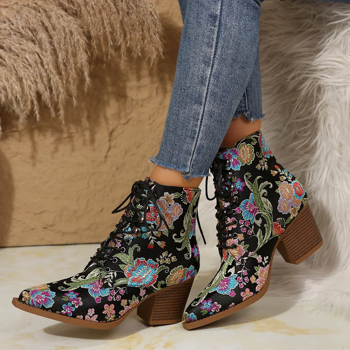 Ethnic Embroidered Pointed-Toe Ankle Boots