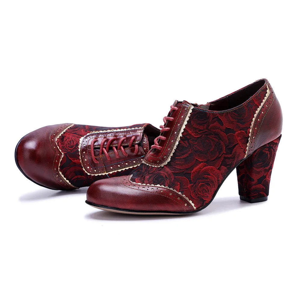 Johnature Witchy Women's Red Pumps, Handmade Genuine Leather Patchwork High Heels