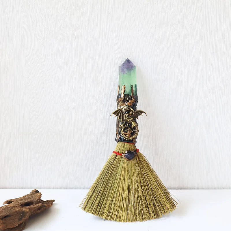 Wiccan Mini Witch Broom with Natural Crystal Point