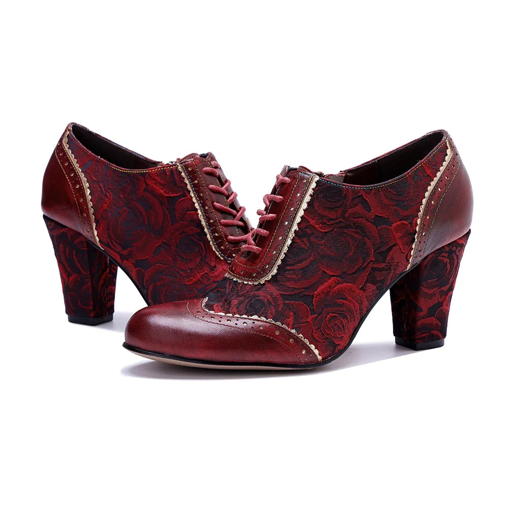 Johnature Witchy Women's Red Pumps, Handmade Genuine Leather Patchwork High Heels