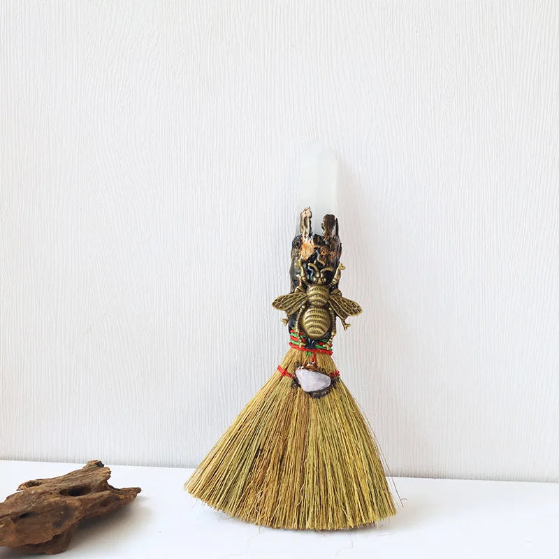 Wiccan Mini Witch Broom with Natural Crystal Point