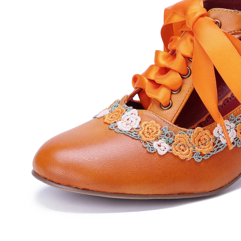 Johnature 2025 Spring/Summer New Handmade Women's Orange Pumps
