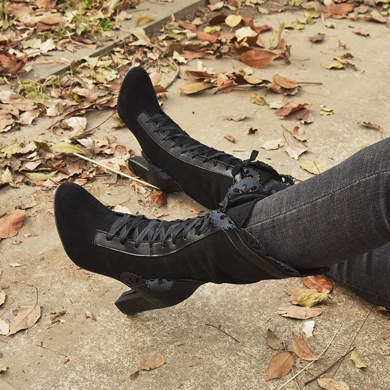 Women’s Victorian Lace-Up Mid-Calf Boots – Retro High Heel Gothic Booties