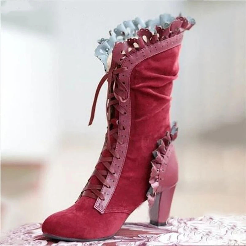 Women’s Victorian Lace-Up Mid-Calf Boots – Retro High Heel Gothic Booties