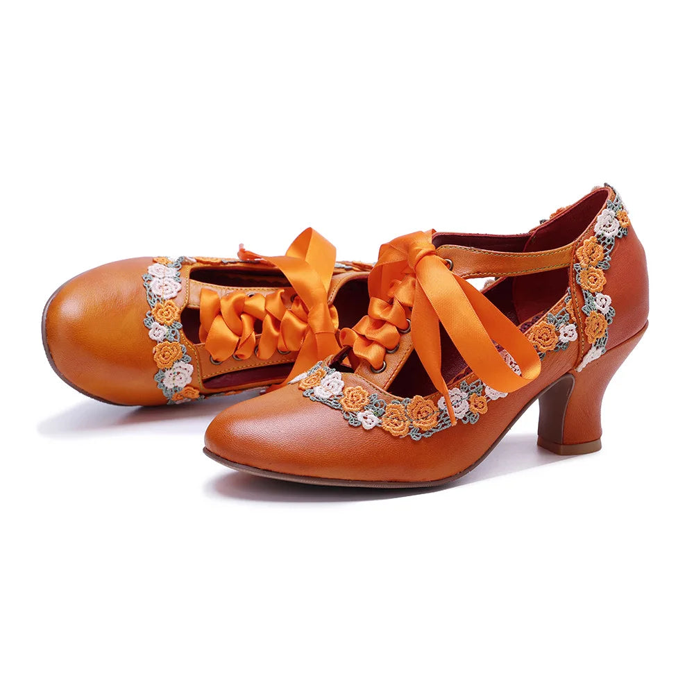Johnature 2025 Spring/Summer New Handmade Women's Orange Pumps