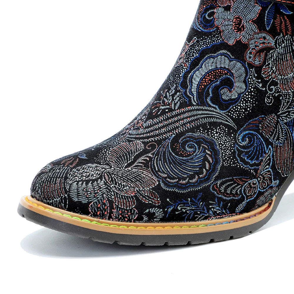 Johnature 2025 Winter New Hand Painted Genuine Leather Patchwork Vintage Court Style Lace Trimmed High Heeled Long Boots