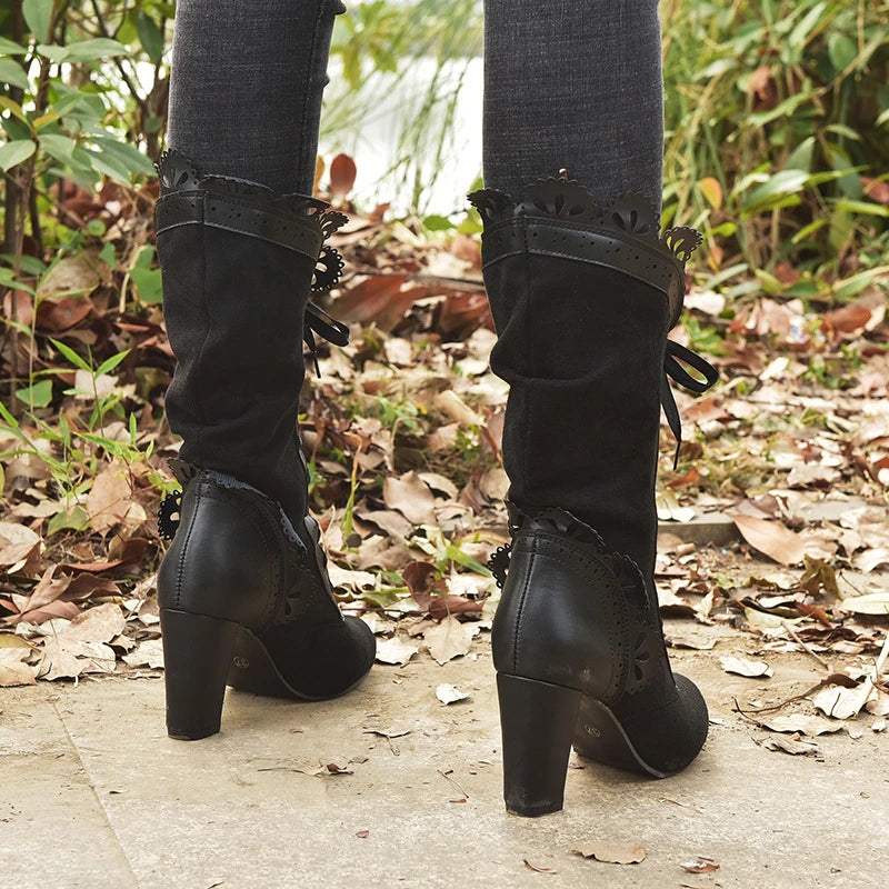 Women’s Victorian Lace-Up Mid-Calf Boots – Retro High Heel Gothic Booties