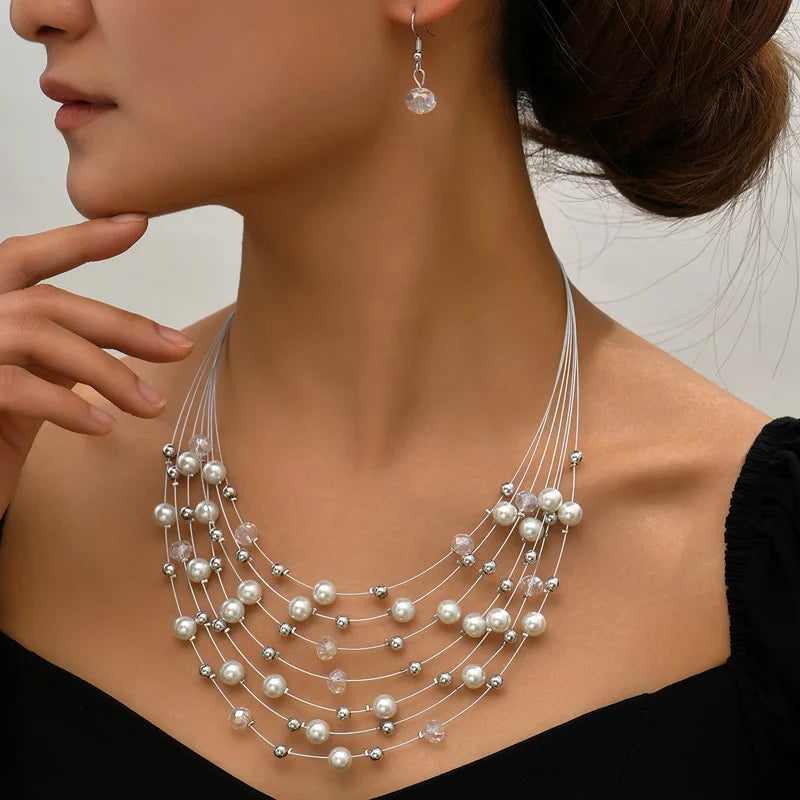 Ethnic Boho Multilayer Colorful Pearl Beads Necklace & Earrings Set